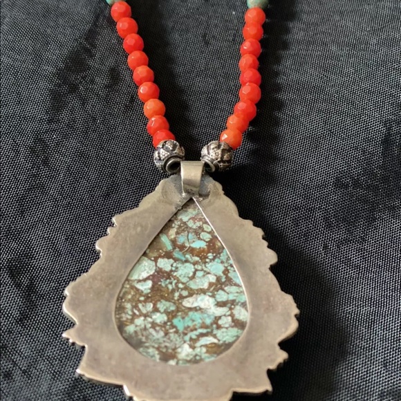 Egyptian Turquoise pendant set in 925 SS on a coral faceted bead necklace NWOT - Picture 5 of 7